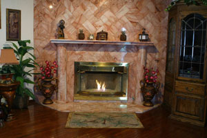 modern fireplace with glass rocks