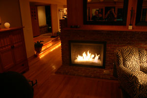 modern fireplace with burning glass 
