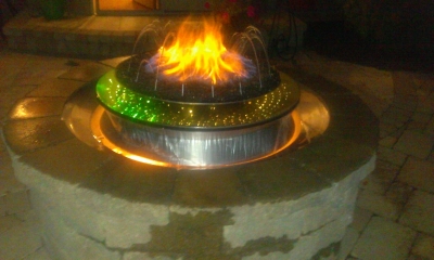 Custom water and fire feature with LED lights